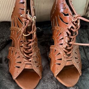 Brown Lace-Up Cutout Heels by Spring